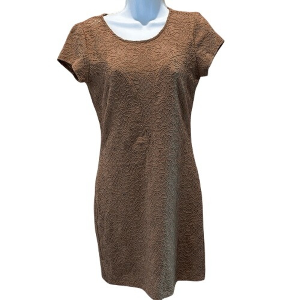Lovely day brown eyelet Crochet Lace Stretch mini‎ Dress Sz Small